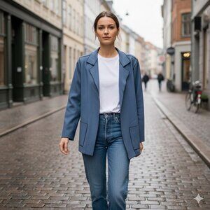 Vintage 90s Beppa Blue Wool Blazer Jacket Open Front Contrast Trim Boxy Boho M
